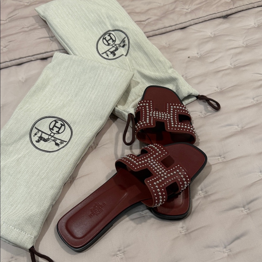 Hermès Red Leather Sandals with Silver Accents